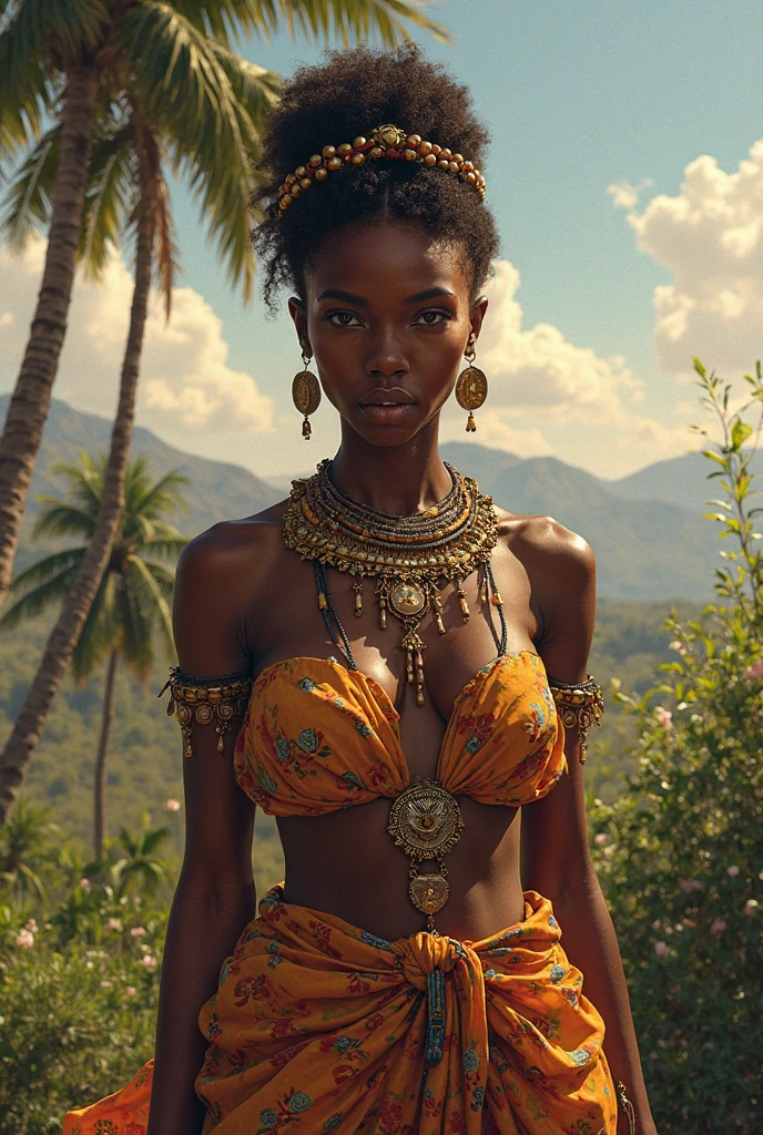 an African mermaid big breasts and blue eyes crying in a village filled with villages