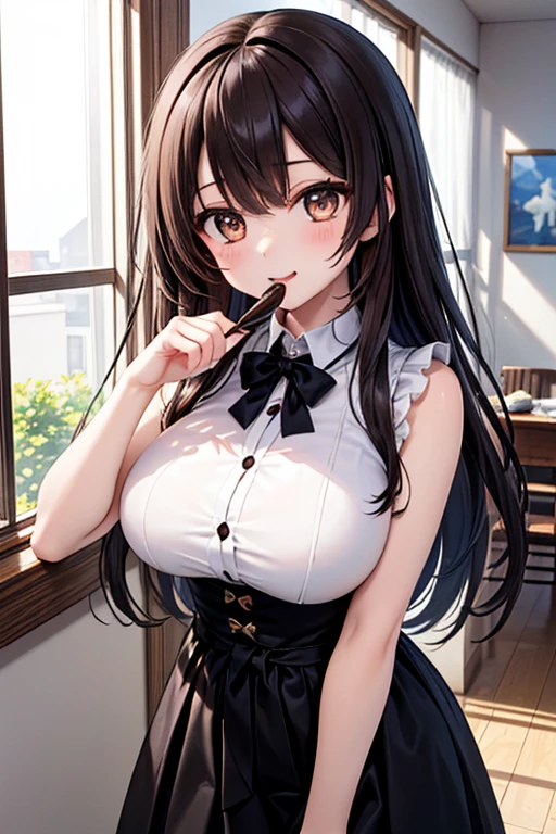 (looking at viewer:1.5)Upper Body, Shooting from above、 Realistic, real person, (pale skin: 1.2), RAW photo, photorealistic, shiny skin, shiny hair、(A 25-year-old woman with medium-length hair and bangs) and (wavy hair) and (brown hair) and (orange eyes) , (white) and (off shoulder blouse) Cleavage、(blush:1.2),open mouth,(alone:1.5),The background is the interior of a cafe