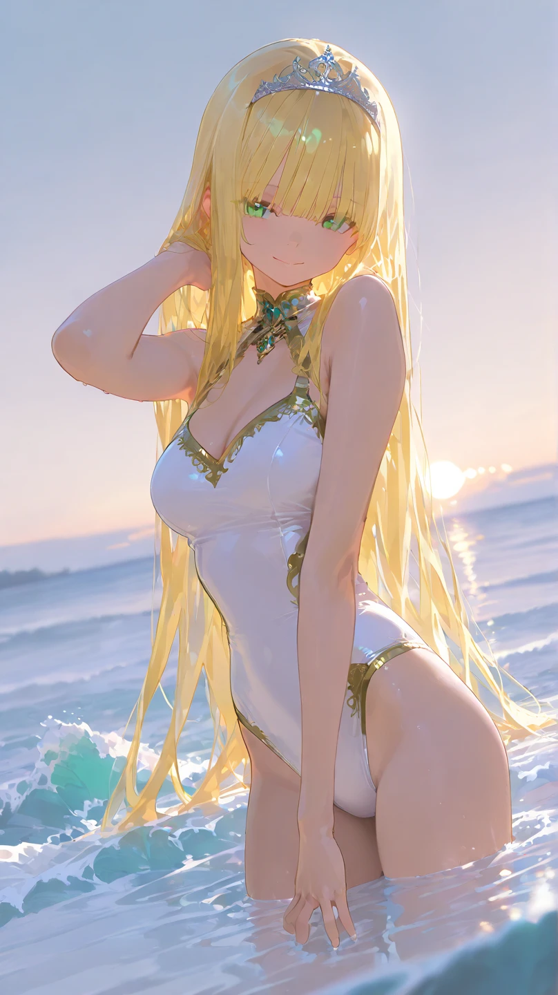 Imagine an anime girl with flowing golden locks, arranged in intricate braids adorned with holographic ribbons. She wears a latex swimsuit that gleams like liquid gold, featuring a high-cut design to accentuate her slender frame. Positioned on a sunlit beach, she stands with one foot in the ocean waves, the golden latex casting a radiant reflection. Her face radiates tranquility, and her eyes carry a serene gaze as she absorbs the warmth of the sun.