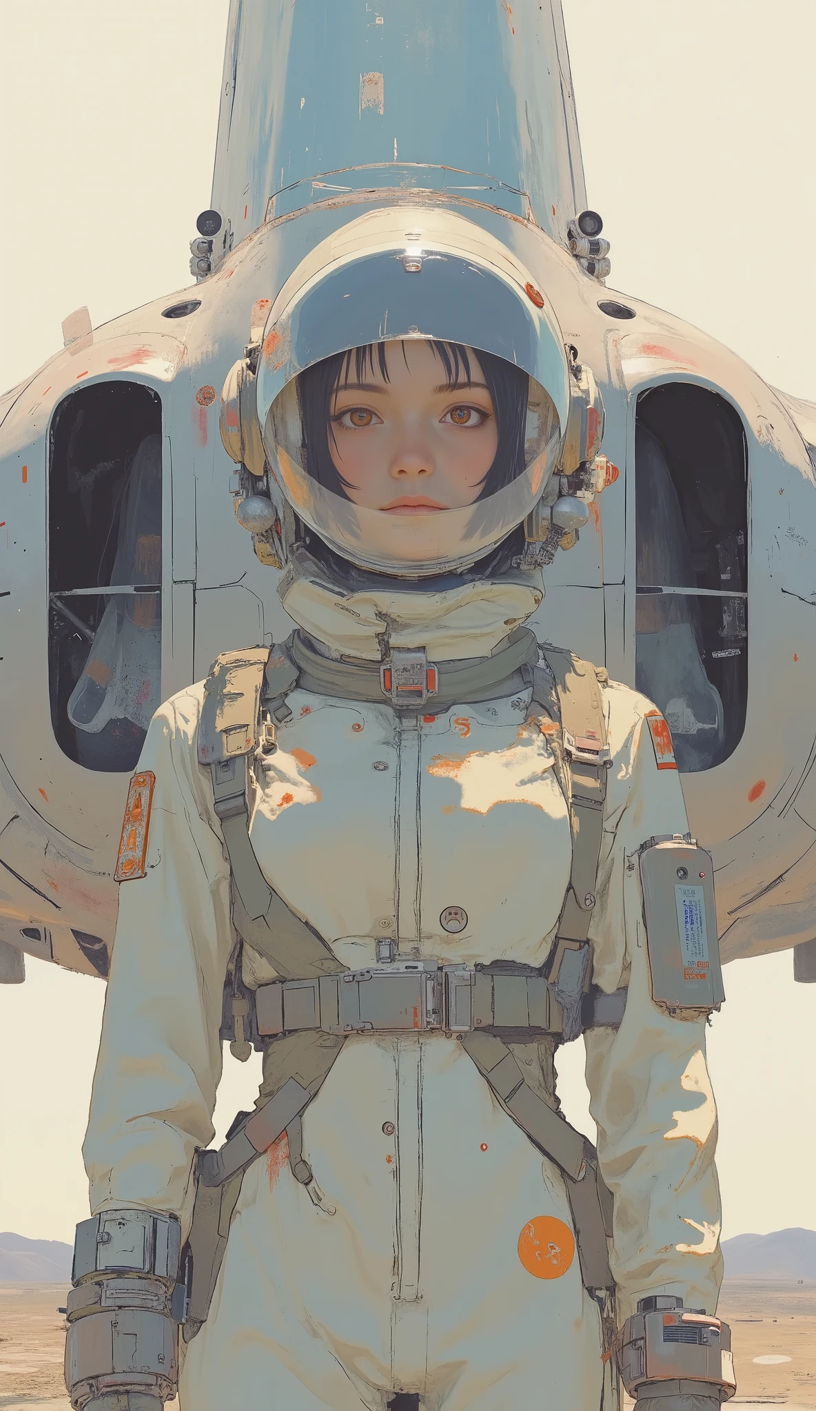 Bird's Eye View、A woman in a spacesuit is standing in front of an airplane, Close up of 70s jet fighter pilot girl, as Retrofuturistic Heroines, 60s sci-fi pin-up style , like a retrofuturistic heroine, 60's sci-fi pinup, Scott Listfield, futuristic woman Selkenham , Sci-Fi Pilot