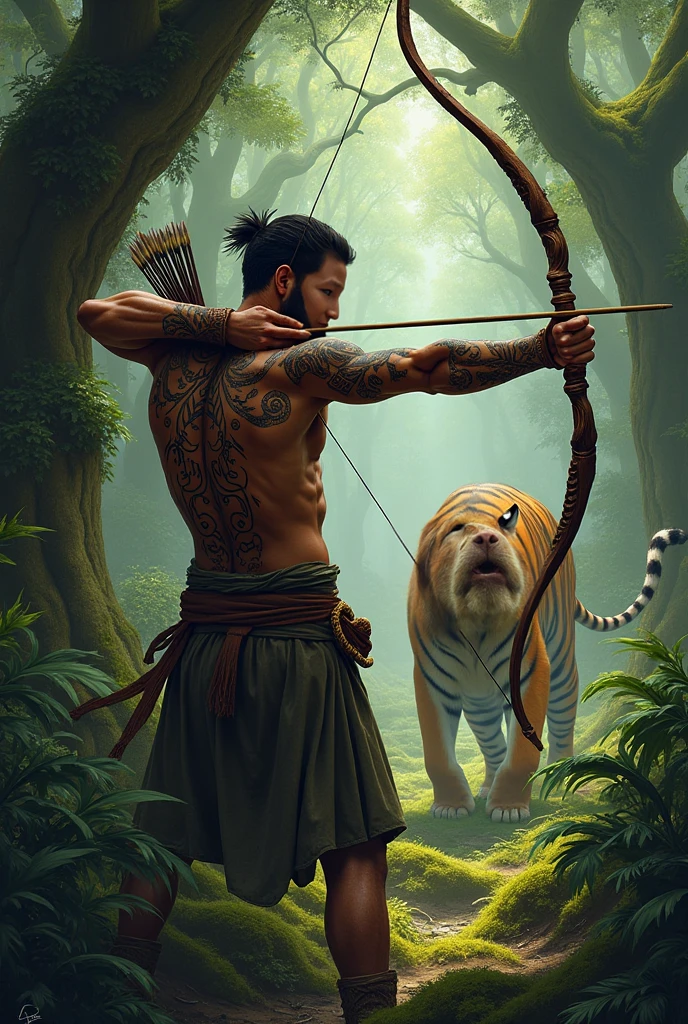 Handsome guy , Korean. He has very dark skin., yellow hair that reaches his waist with a side fringe. He has very masculine facial features. He is shirtless, in brown fur trousers and hoof-like shoes. He has a red heart pendant on his chest. He is squatting and shooting an arrow from a bow. Next to him, a kind jaguar. The background is dense thick ferns.