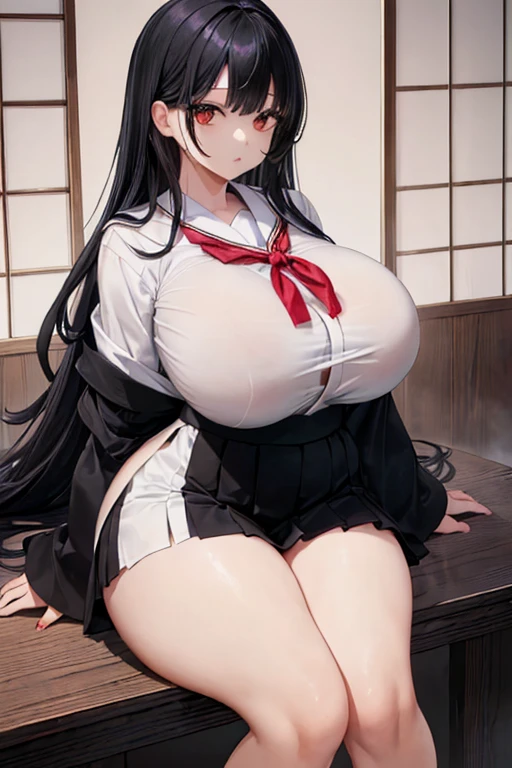 1 mature girl, beautiful face, blue eyes, red cheeks, smile, long straight hair, black hair, long bangs, seky body, colossal tits, overmany, big and droopy, big titietra, wide hips, School uniforms, mini skirt, tight shirt
