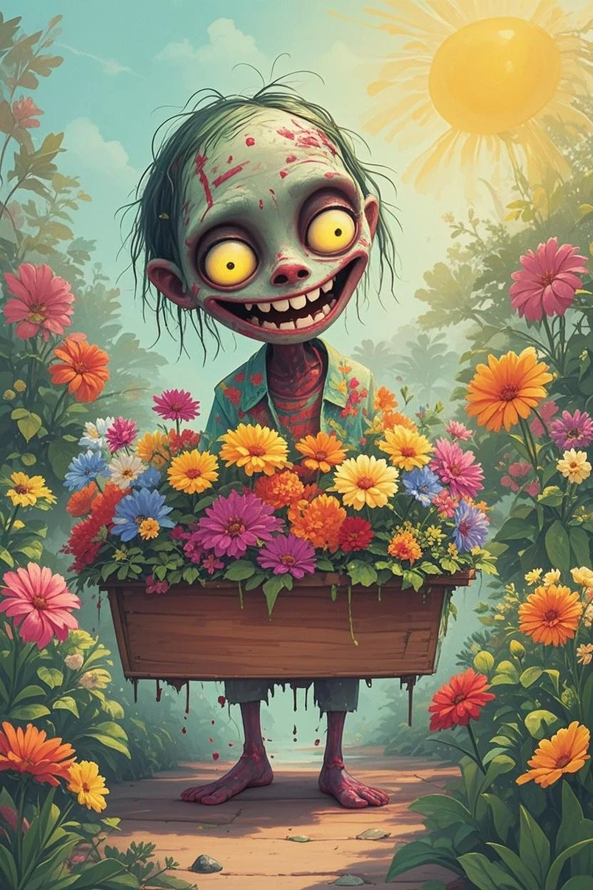 ((Masterpiece in maximum 16K resolution):1.6),((soft_color_illustration)1.5), ((Ultra-Detailed):1.4) | Create a humorous poster inspired by John Collier's painting 'Lilith' but reimagined for the Plants vs. Zombies universe. In this version, a female zombie from the game, posed elegantly in the center. She should have a playful and mischievous expression, with cartoonish features characteristic of the game, such as exaggerated eyes and a lopsided smile. She wears tattered, but comically stylish clothing that matches her zombie theme. | ((Sunflower with lifelike appearances and expressive faces. The sunflower should have bright, colorful petals and leaves, with eyes, mouths, and other facial expressions that convey personality and emotion. Their stems and leaves should be rendered in a way that makes them appear lively and full of character, engaging with their surroundings in a playful and interactive manner.):1.2), ((Each plant should retain its distinctive Plant vs Zombie whimsical appearance, with bright colors and friendly faces.):1.2). | The background should be a mix of gothic elegance and playful elements from the game, such as a moonlit garden scene with tombstones and fences, but with a lighthearted and cartoonish twist. | The overall design should balance the classic, detailed art style of the original painting with the playful, colorful, and whimsical elements of the Plants vs. Zombies universe, creating a fun and engaging parody poster. . | ((perfect_composition, perfect_design, perfect_layout, perfect_detail, ultra_detailed)), ((enhance_all, fix_everything)), More Detail, Enhance.