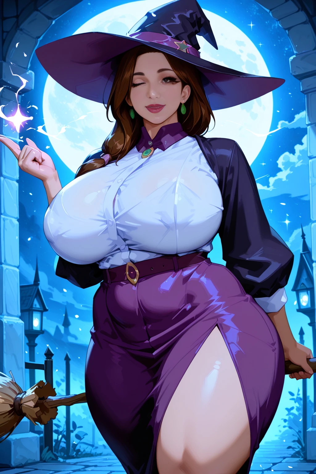 (masterpiece, top quality, best quality, official art, beautiful and aesthetic:1.2), (1girl:1.3), long and curly dark brown hair, ((extravagant updo)), Victorian style, extremely detailed, portrait, looking at viewer, solo, (full body:0.6), detailed background, close up, mischievous eyes, (cold midnight castle theme:1.1), extremely busty witch, huge lips, charlatan, smirk, mysterious, being seductive by a cottage in the forest, witch hat, broom, cauldron, revealing gothic witch dress, lace, extremely tight bodice, black attire, black skirts, long sleeves, loose sleeves, black leather, cloak, corset, black dress, fishnets, thigh high black boots, buckles, straps, pouches, glowing green magic energy, dark purple fabric, silver trim, black leather, gigantic breasts, cleavage, skindentation, slim waist, slim hips, long legs, medieval (forest cottage exterior:1.1) background, nighttime, dark mysterious lighting, shadows, magical atmosphere, dutch angle