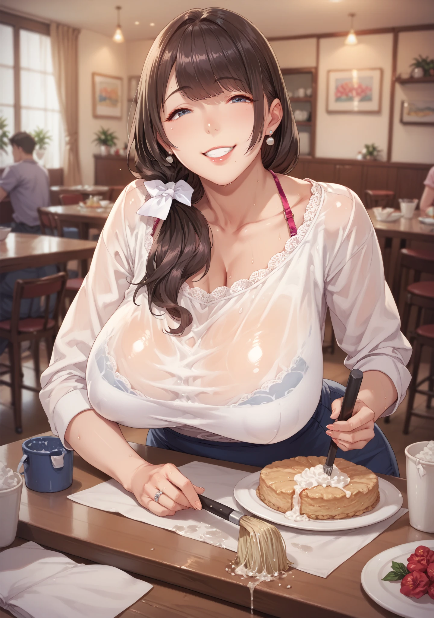 1 pretty girl,white skinned,brown hair,shorter pants,looking at viewert,pony tails,Cafe,Brown eyes,Realistis,Curvaceous pose,Bigchest,huge smile,low chestf ull body (NSFW breasts), hdri, extremely naked, nude, nua, pelada, nsfw, gigantic breast, perfect face, no weird face