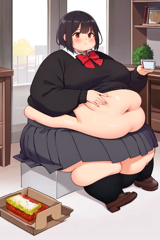 big belly, sitting, pregnant, fat, large stomach, fatty, fat, large belly, standing, fat belly, very fat, large stomach, chubby,very fat, safe for work, obese, giant belly, fat, huge, heavy, very fat, safe for work, fat, large belly, big belly, very fat, large stomach, chubby (best quality, masterpiece), Rin tohsaka, eating cream sitting on cough, table with food, fat, very fat, huge, obese