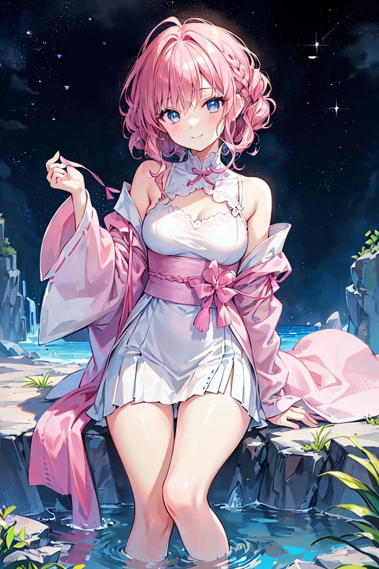 an anime style cartoon girl next to a picture of boobs wearing black swim suit, 1girl, breasts, solo, pink hair, saigyouji yuyuko, swimsuit, large breasts, navel, blush, looking at viewer, one-piece swimsuit, white background, short hair, nose blush, kneeling, no headwear, collarbone, simple background, full body, black one-piece swimsuit, clothing cutout, red eyes, thighs, bare shoulders, navel cutout