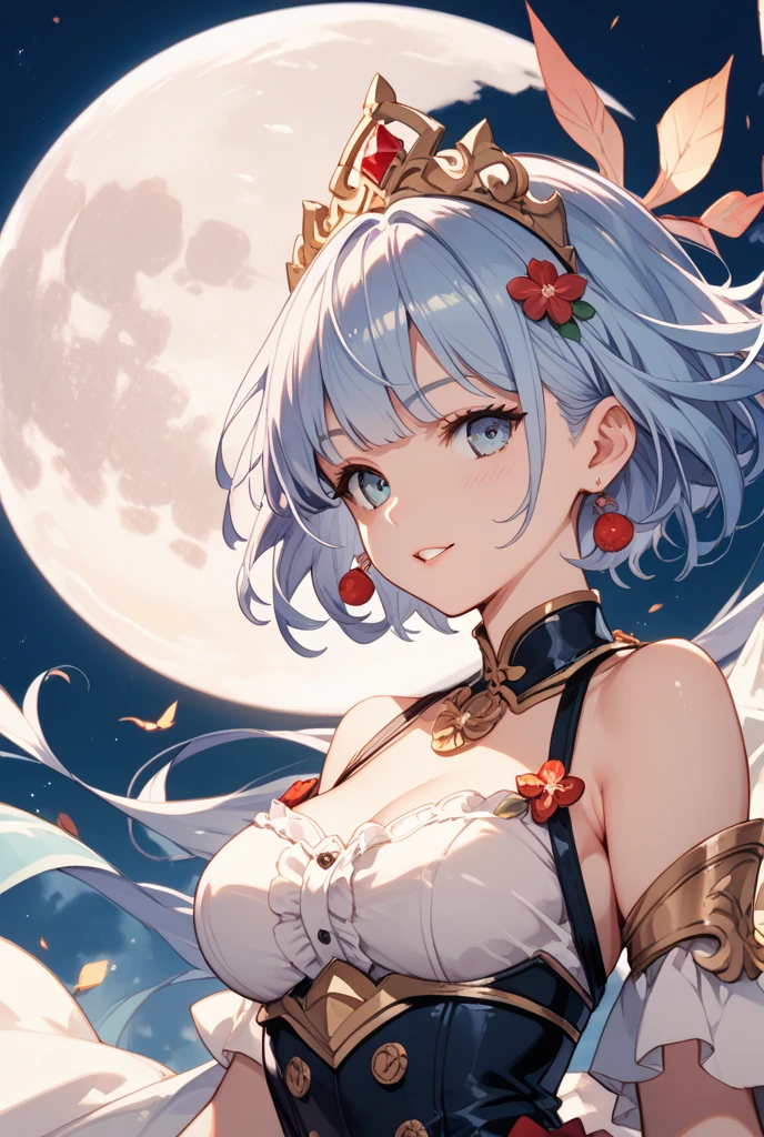 A princess with a delicate and beautiful face, large eyes, and translucent skin is looking up at the moon from a castle, enchantingly dressed in a traditional and glamorous medieval European dress and wearing a large hair ornament. A gentle, warm light surrounds the princess. The background is filled with soft out-of-focus light, and the pale blue and purple tones create a dreamy, serene, and enchanting atmosphere. Fireflies glowing in the moonlit night surround the princess, adding to the magical and ethereal atmosphere. Emphasis on the armpit and clavicle