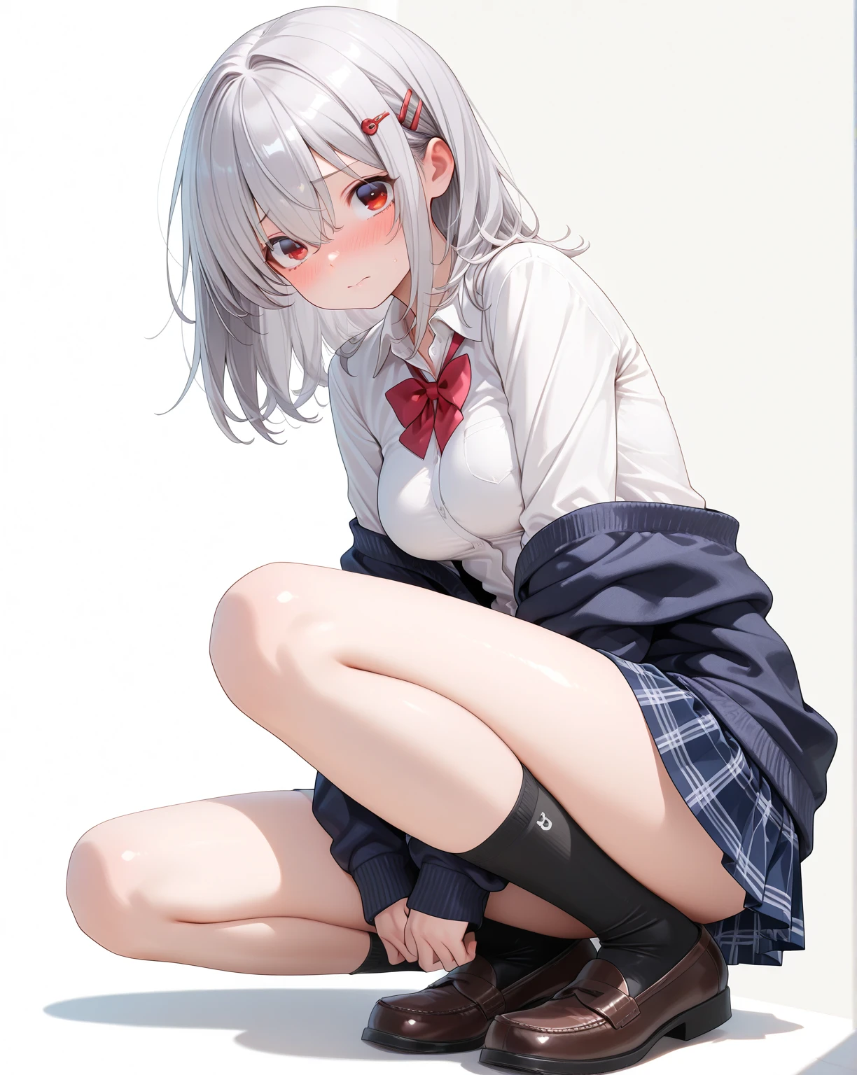 (masterpiece), (best quality), simple background, kneeling, 1girl, white hair, red eyes, white stockings, focus on feet