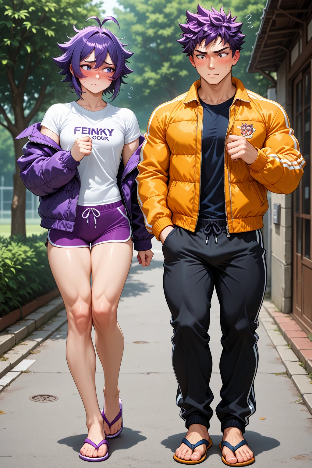 cat-boy, short purple hair, electric blue eyes, big fluffy tail, big sharp cat ears, midriff, black long-sleeved shirt, sweat, black thigh socks, converse shoes, Vibrant, HD, masterpiece, best quality, slim upper body, thick lower body, toned abs, smug, full body view, anime, mountains setting, dark matter powers
