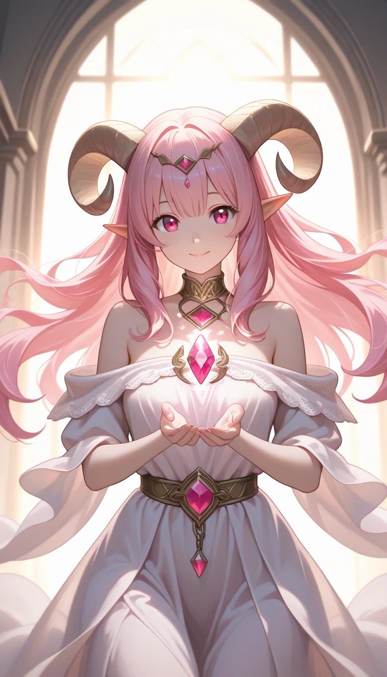 best quality, master piece, Tall, alone, {Circe_FGO:1.15}, pointed_Ears, Pink_hair, Head_Wings, Wings, fringe, femhered_Wings, Long_hair, jewelry, smile, breasts, necklace, blush, small_breasts, multicolored_eye, 1girl, bracelet, looking_at_viewer, blue_eye, white_backstory, tiara, roman aemor, roman helmet
