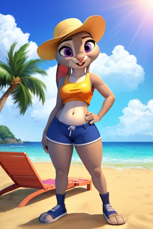 judy hopps,realistic fur,shorts trunks,bikini up,thick legs,standing,bright blue eyes,beach