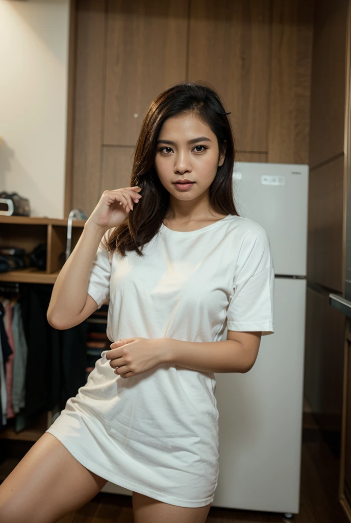 dressed, (photo realistic:1.4), (hyper realistic:1.4), (realistic:1.3), (smoother lighting:1.05), (increase cinematic lighting quality:0.9), 32K, 1girl,20yo girl, realistic lighting, backlighting, light on face, ray trace, (brightening light:1.2), (Increase quality:1.4), (best quality real texture skin:1.4), finely detailed eyes, finely detailed face, finely quality eyes, (tired and sleepy and satisfied:0.0), face closeup, t-shirts, (Increase body line mood:1.1), (Increase skin texture beauty:1.1)