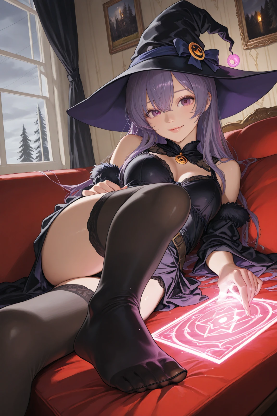 score_9, score_8_up, score_7_up, source_anime, solo, 1girl, seblair, seductive smile, looking at viewer, sitting, spread legs, witch hat, completely nude, medium breasts, nipples, pussy, indoors, bedroom <lora:souleater_blair_ponyXL:1>