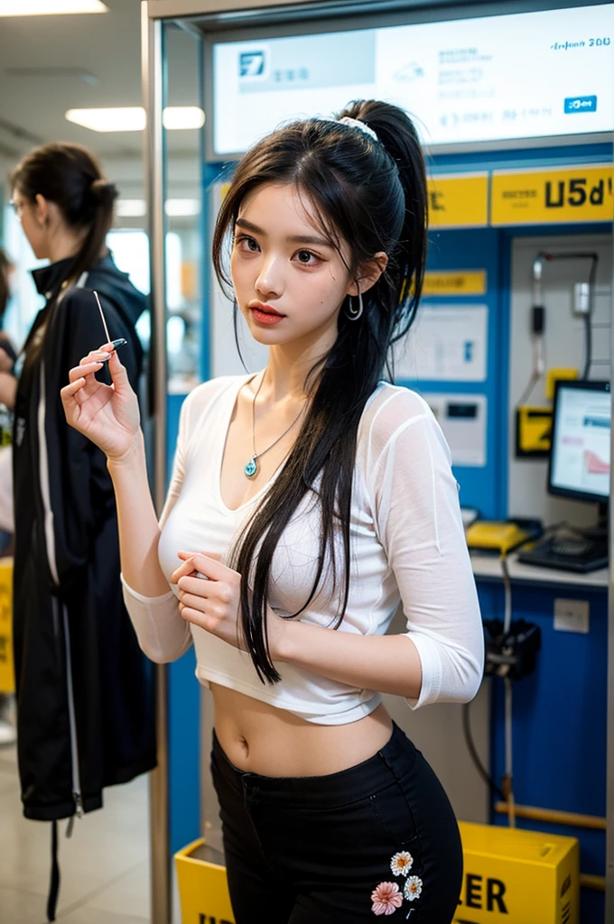 photorealistic, high resolution, soft light,1women, audult, solo, hips up, shining skin, (detailed face), big , jewelry, tattoo, cute girl, pink headphone, blue light on headphone, gamer, t-shirt, off-shoulder, skirt