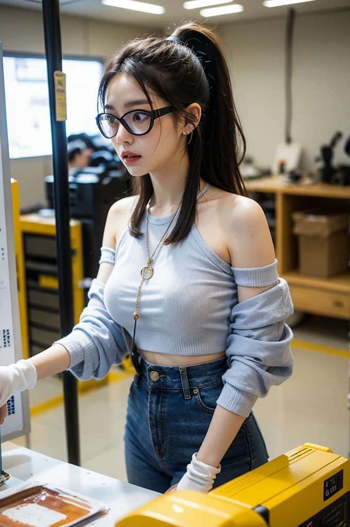 Girl, classic anime style. Standing, determined pose. Full body portrait, blue eyes, golden eyeglasses, sapphire blue hair, long hair, pigtails, braids, blush. Yellow shirt, blue jeans, Belt, buckle. Server room. Highly detailed. Radiant. Cinematic lighting.