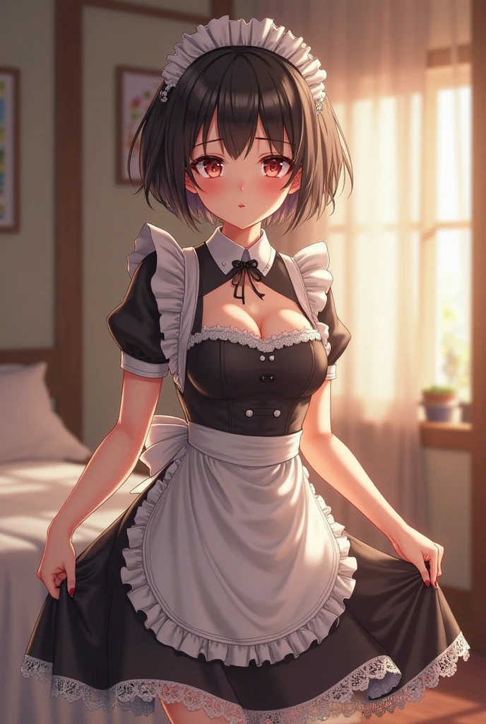 muste piece、masterpiece、highest quality、Super detailed、High resolution、8K portrait、High definition CG of Unity 8k wallpaper、cute little:1.5、Lori:1.5、Highly detailed CG unity 8k wallpaper、Realistic、real person、 portrait photography、shiny skin、High definition、(16 years old:1.2)、(1 girl)、beautiful clear eyes、extremely detailed description、delicate face、nice lips、slender body、(thin waist)、corridor:1.6),(blush:1.5),(brown hair bob hair:1.3),small breasts,((Maid clothes:1.4)),((clothing lift:1.5)), (I have nipples:1.2),((climax in vagina:1.5)),(looking at viewer),(from front),gran,(spread legs:1.2)