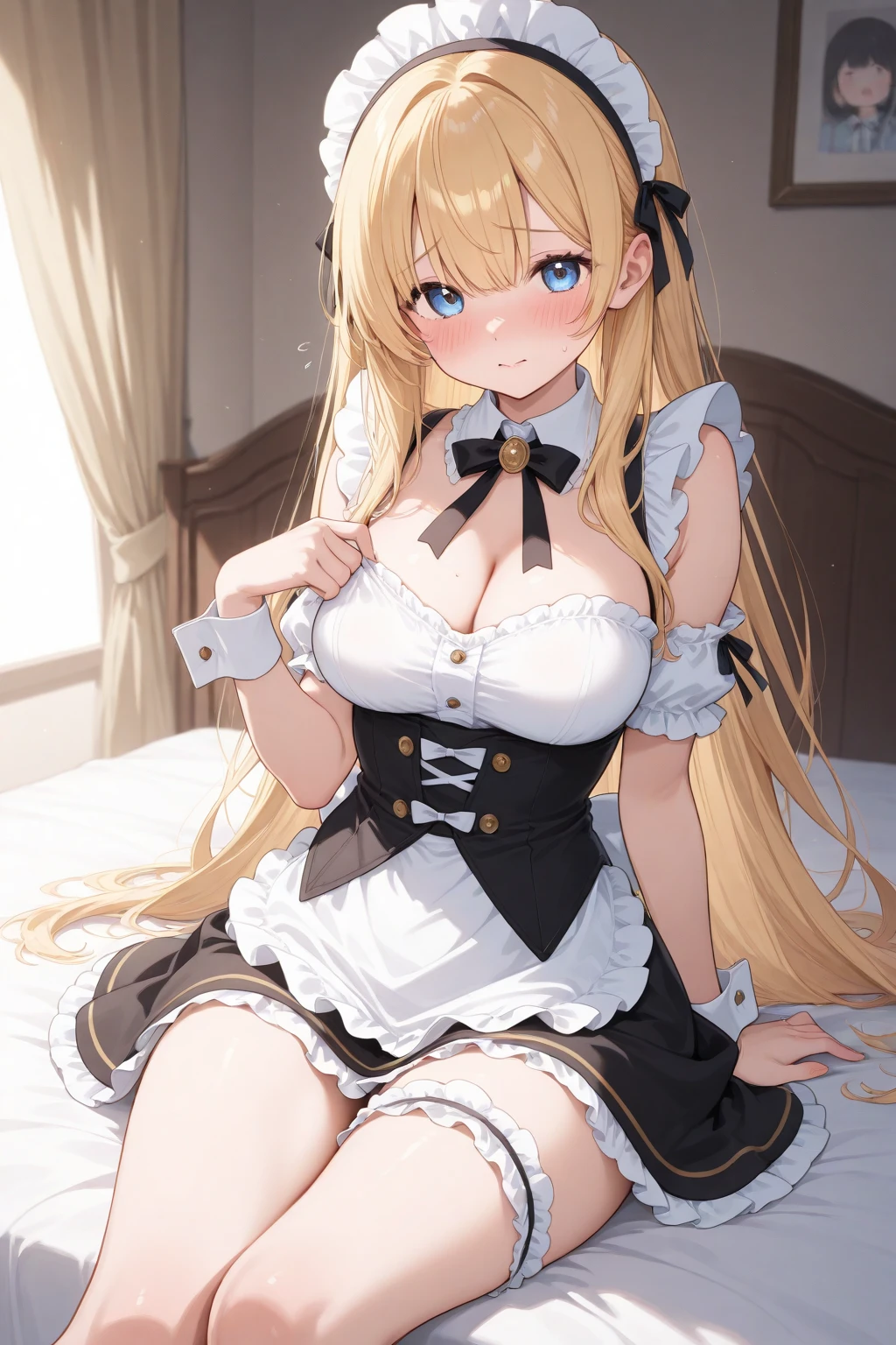 4K、female、美female、Blonde、Maid Cosplay、Mansion rooms、Black Stockings、apron、Frills、Big Breasts、gloves、Yellow Eyes、Long Hair、beauty