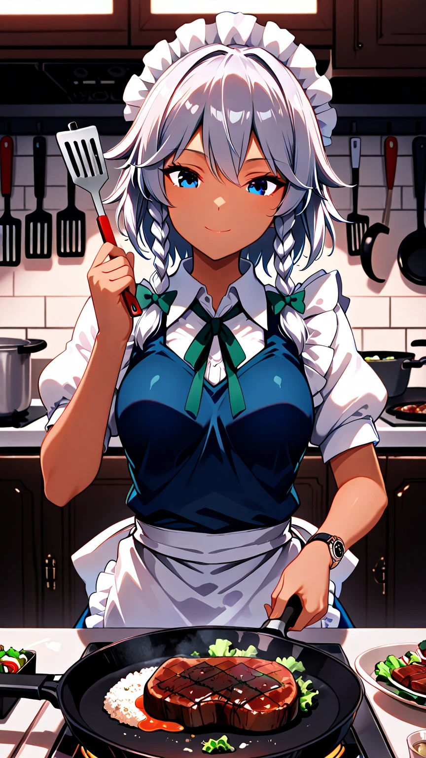 (Best Quality, Masterpiece),sexy mommy, Front cover of a women's cooking magazine, erotic, 18+, nsfw, 1girl, 30 years old, stunning, cute, smile, hourglass figure, Maid costume, beautiful food, text, diagrams, advertisements, magazine title, long white hair,red detailed sparkling eyes, rabbit ears ,One strand of hair hangs down over his forehead