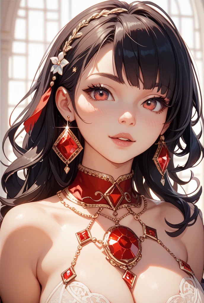 1 girl, por kayahara, smile, by the wide, dark dress, Upper part of the body, red pendant