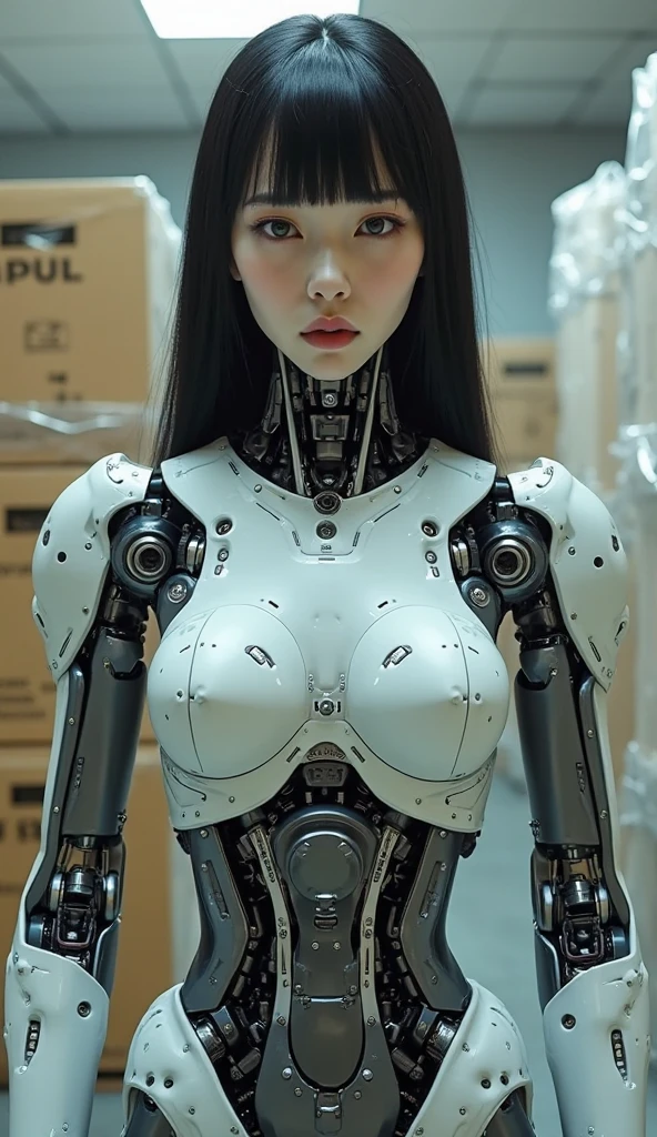 masterpiece, best quality, extremely detailed, hight resolution, 超A high resolution:1.1, (masutepiece, Realistic, Photorealsitic:1.1),8k portrait, Japaese android Girl,Plump,single eyelid,announcer,control panels,android,Droid,Mechanical Hand, Robot arms and legs, Black hair,Mechanical body,Blunt bangs,perfect mechanical abdomen,White robotics parts,perfect robot woman,cyberpank costume,She is powered by electricity,future laboratory,perfect plastic body,perfect mechanical body,black sponge joints,The removable cover is on the groin,The connection port is on the groin,opened chest panel,access panel on the chest,opened breast panel,perfect mechanical breast,machine body,white robot body,ceramic breast,perfect plastic breast,She has been assembled by robotarm,assembly plant,miniskirt,pleated skirt,boots,perfect future costume,perfect mechanical bodycover,separate booth,She has storaged in the booth,perfect machine body,perfect cyborg girl,