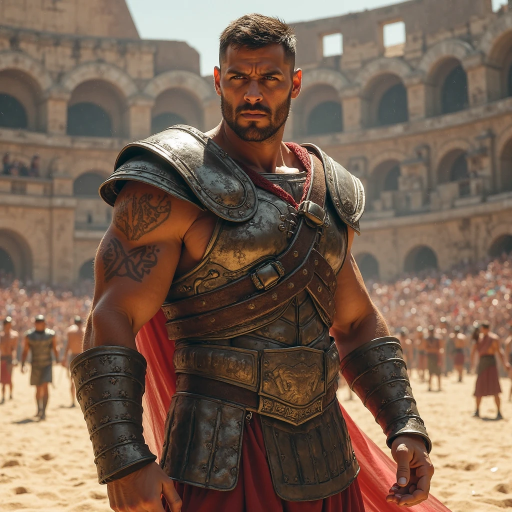 Daylight, Close portrait of Spartacus in the gladiators' arena, blood and bodies on the sand, photography, trending on artstation, sharp focus, studio photo, intricate details, highly detailed, by greg rutkowski epiCRealism