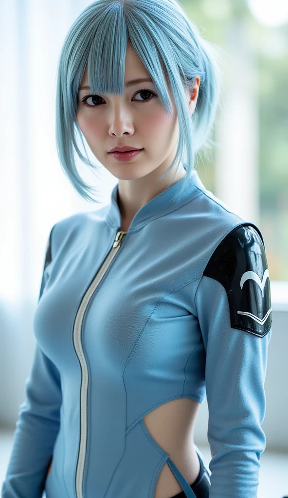 (masterpiece, best quality, Maximum resolution, clearly_image, Detailed details): (Solitary, girl, Japanese Face, Blue hair girl, shortcut, Full body picture, Small breast size, Sparkling blue eyes, Metallic white and blue pilot suit, Tight clothing, Clothing that covers the entire body, beauty, slim, Exoskeleton, Sexy pose, Actress, Integral, Knee-high boots)