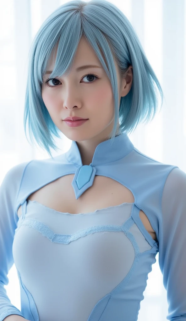 (masterpiece), (best quality), Ultra-high resolution, Raw photo, A photo-realistic, ((Looking outside by the window on a rainy day)), super cute woman, 1girl, (perfect face:1.2), (beautiful face:1.2), pale blue hair, short hair, (upper body:1.3), happy, light smile, looking out the window, pose, sheer turtleneck shirt, sleeveless shirt, indoors, morning time, intricate, depth of field, cinematic lighting,