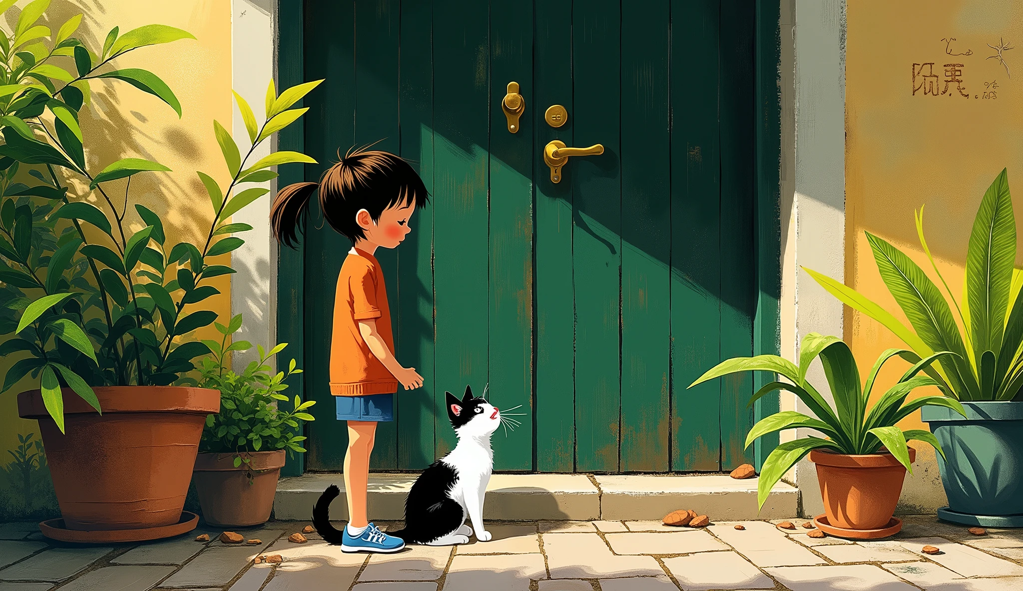 stm211 a girl standing next to a black and white cat in front of a door, with a few plants in the background. The painting is done in a digital art style, with vibrant colors and intricate details that bring the scene to life.