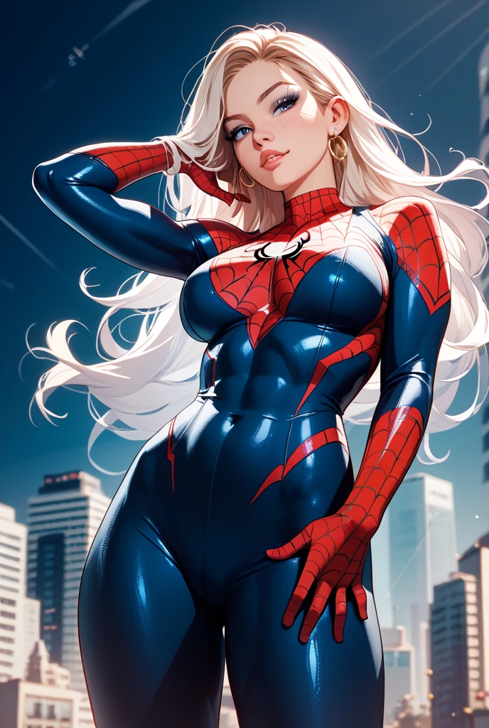(Masterpiece, 4k resolution, ultra-realistic, very detailed), (White superhero theme, charismatic, there's a girl on top of town, wearing Spider-Man costume, she's a superhero), [ ((25 years), (long white hair:1.2), full body, (blue eyes:1.2), ((Spider-Man pose),show of strength, jumping from one building to another), ((sandy urban environment):0.8)| (cityscape, at night, dynamic lights), (full moon))] # Explanation: The Prompt mainly describes a 4K painting of ultra-high definition, very realistic, very detailed. It shows a superheroine at the top of the city, wearing a Spider-Man costume. The theme in the painting is a white superhero theme, the female protagonist has long white hair, is 25 years old and her entire body is shown in the painting. In terms of portraying the actions of superheroines, spiders are employed