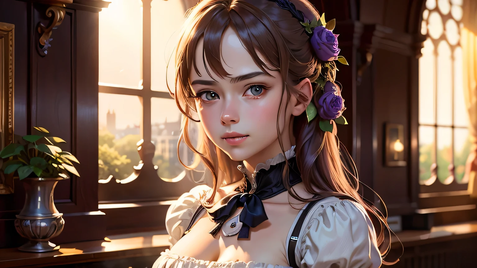 masterpiece, Highest quality, (8K wallpapers incorporating highly detailed CG), (Highest quality), (Best illustrations), (Best Shadow), (Stable Diffusion Model), Violet Evergarden, Sparkling, beautiful, victorian style bedroom, Dynamic Lighting, Written boundary depth､((Upper body portrait))､Upper body portrait