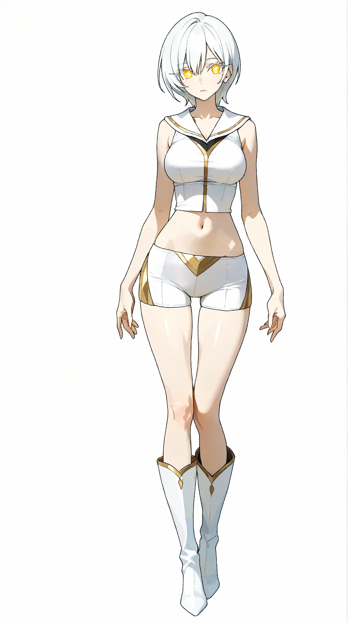 score_9,score_8_up,score_7_up,score_6_up,source_anime,anime screencap,<lora:Pony_Lily_v1_XL:0.8>, tlwy,full body,looking at viewer,hands on hip,gold lined turtleneck,leotard,detached sleeves,highleg,high heels,anklet,white footwear,small breasts,flat chest,covered nipples,covered navel,bare shoulders,