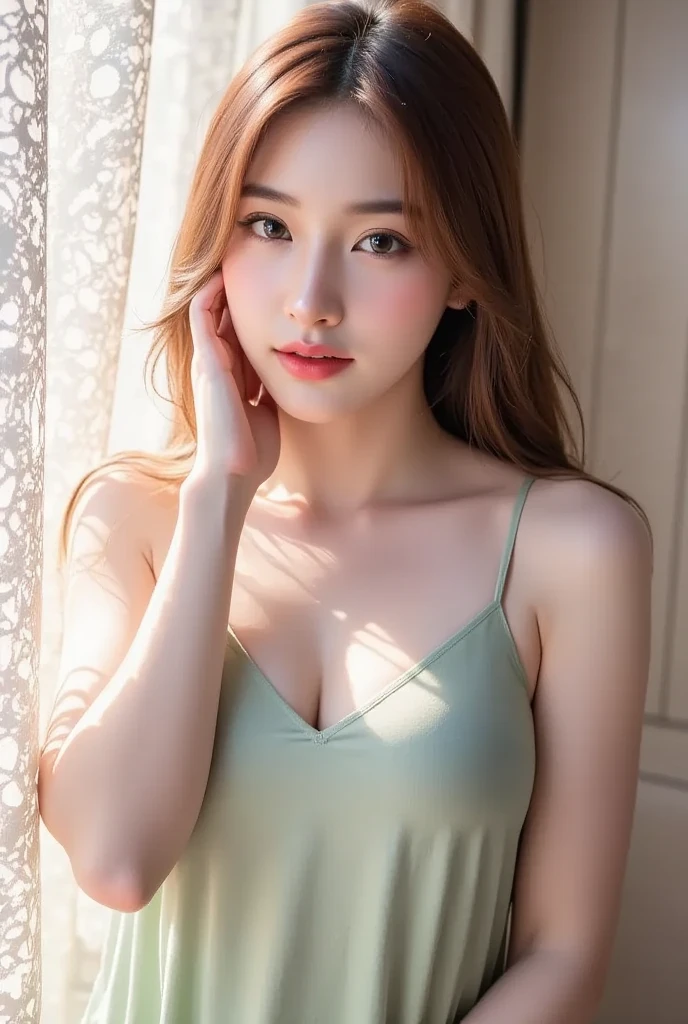 ((highest quality, 8K, masterpiece :1.3)), 20 year old female, (Half Japanese and half German woman), 1 person, Beautiful face with intelligence, A beautiful woman who emphasizes her supple body :1.3, 頭w:1.4, Full body image from thighs, slim facial contour, The beauty of slim abs :1.2, thin waist, realistic skin texture, Fair skin, glowing skin, Fair skin, long and thin legs, super detailed face, fine eyes, double eyelid, beautiful thin eyebrows, fine long eyelashes, long slit eyes, charming brown eyes, Plump and glossy pink lips, My cheeks turned red, natural smile, beautiful teeth, beautiful small face, beautiful actress' perfect makeup, necklace, earrings, light brown delicate soft hair, (feminine medium short, ponytail :1.2), layer cut, (dull bangs:1.2), stare at the viewer with a greedy expression, dynamic lighting,
She is wearing a see-through green nightgown made of satin fabric。。, Nightgowns are made of thin material and are short in length...,
The bulge in your chest is beautiful, chest is wide open, No shoulder strap,
A luxurious and bright bedroom in a luxury hotel, (white room), blur the background,
Walk with good posture, legs open,
Bright sunlight illuminates the entire area evenly,