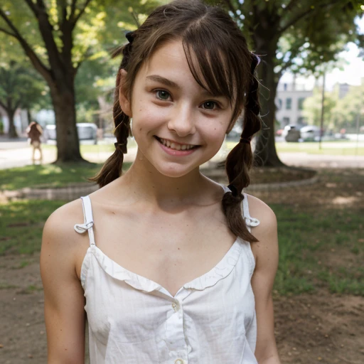 12 year old girl with medium length brown hair, children's pigtails hair, Caucasian facial structure, a beautiful smile on her face and a deep look, she wearing a button down shirt, bare shoulders, she in a garden, full body view