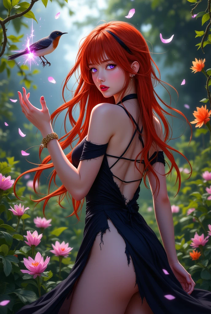 cute girl, black dress, sheer dress, huge massiv breasts, nylons, pantyhose, tights, red hair, green eyes, red nails