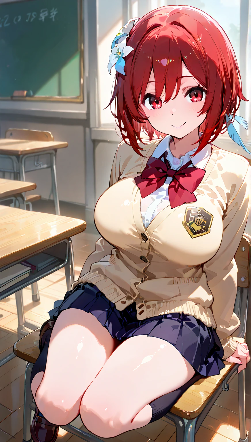 (1girl in、sayoriddlc、ssmile、Red bow tie、bow ribbon、blue eyess、short-hair、独奏、large full breasts、cleavage of the breast、glowy skin、bulge、thighs thighs thighs thighs、thighs thighs thighs thighs、thick waist:1.2)、student clothes、a blue skirt、skirt by the、jaket、Watching、pleatedskirt、Slouched、bow ribbon、The shirt、bangss、White Shirt Red Ribbon、neck ribbon、blash、Long sleeve (schools、‎Classroom、Lockser、chalk board、desk、a chair、window、door:1.3)
