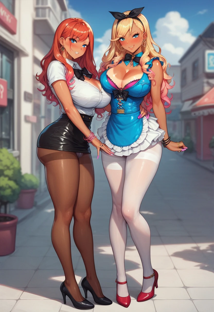 Masterpiece, 4k mobile wallpaper, realistic, sexy woman, dynamic hair, fine pink hair, long straight hair, bow, glowing blue eyes, delicate face and facial features, seductive expression, cute big breasts and big buttocks, fair skin shirt, wearing white stockings, blue wrinkled skirt, epic scenery.