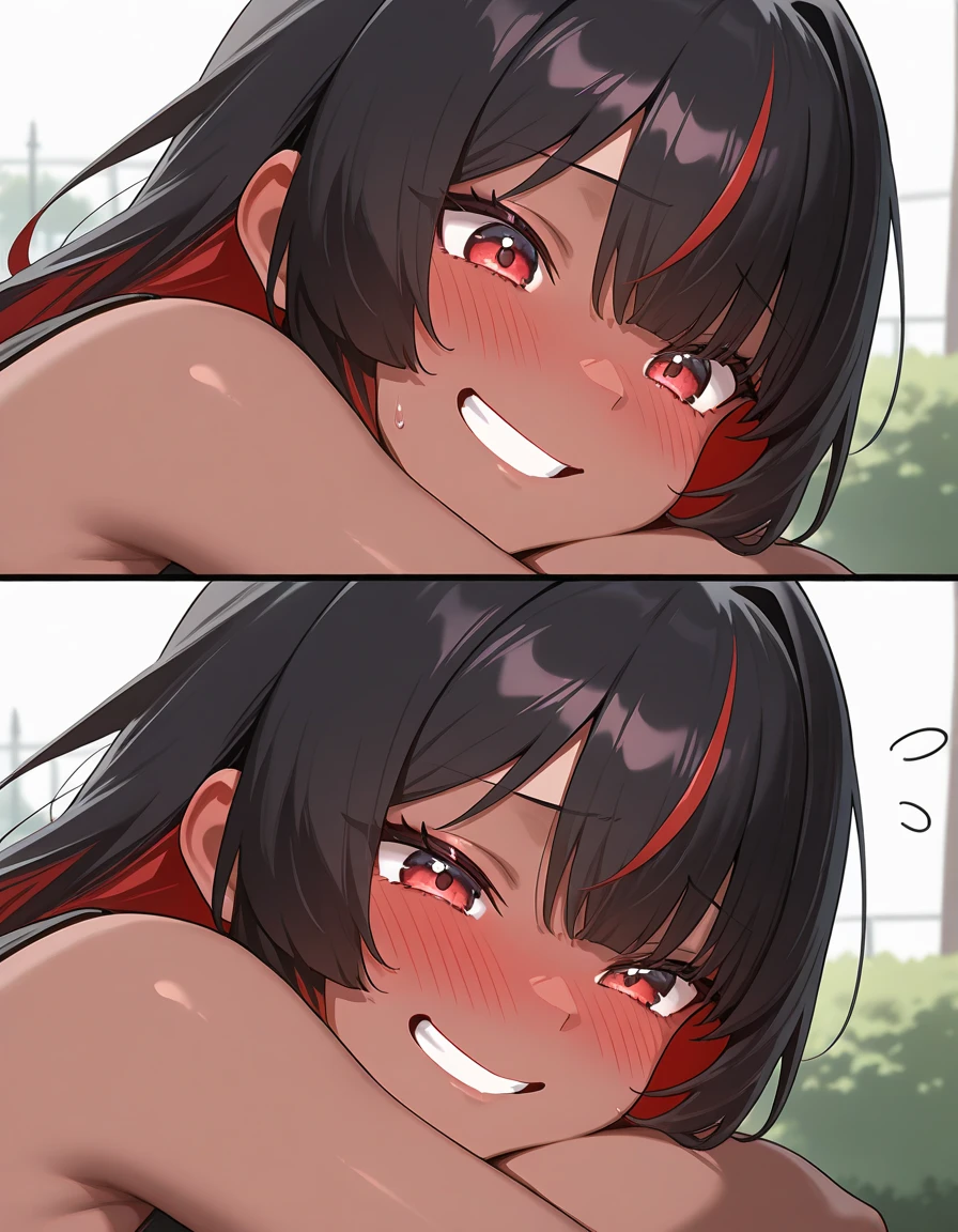 black hair, hair bobble, wince, long eyelashes, solid circle eye, fake animal ears, light smile, ear blush, tooth, surrealism, cast a shadow, anaglyph, stereogram, tachi-e, throw, atmospheric perspective, 8K, Super detailed, Accurate, highest quality, nude