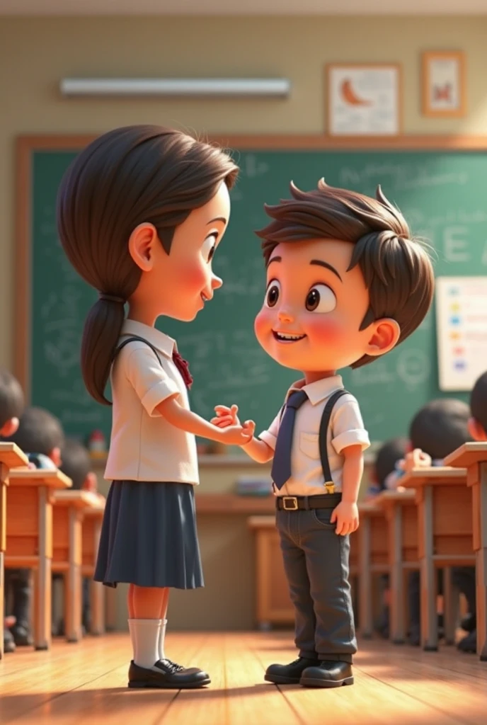 Two classmates becaming brother and sister in a classroom