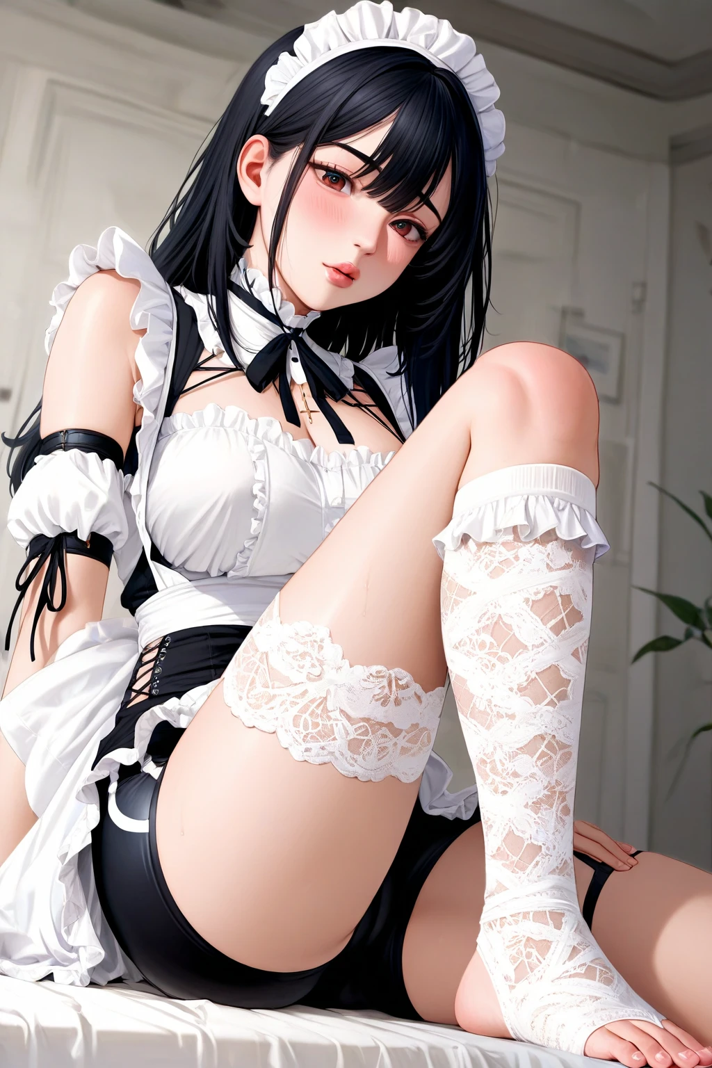(footjob), Masterpiece、Highest quality、Highest quality, (long and thin legs, shoes:1.2), Arm behind wrist, squat、Spread your legs、1 girl, (smile、Open your mouth大笑い:1.2), Cute eyes, (Detailed face:1.3)、Open your mouth, The whole face turns red, alone, Big and ample breasts, (Straight bangs, Twin tails), White maid outfit、Side bust、Underbust、belly button、Walking through the mansion'corridor、nsfw、shoes下