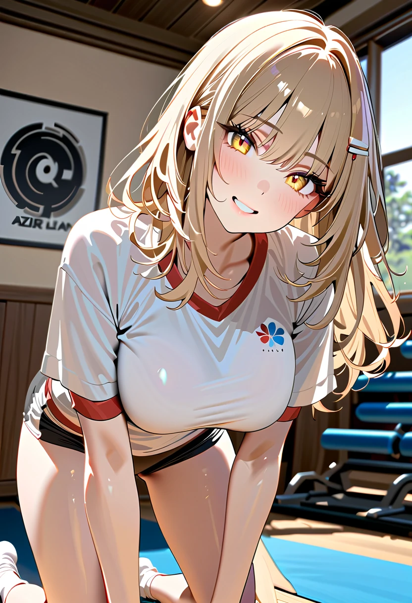 (masterpiece, best quality:1.2),illustration,absurdres,8k,hd,1girl,solo,upper body,(portrait:1.2),sv-98 (girls frontline),blonde hair,open fly,blush,bow,unzipped denim shorts,hair bow,black thighhighs,jacket,large breasts,long hair,looking at viewer,ponytail,red eyes,shorts,smile,sports bra,sweat,undressing,<lora:Sv-98(gf)>,