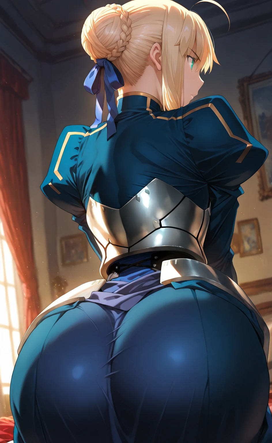Striped hair, french braid, mismatched pupils, Chiaroscuro, back lit lighting, Gothic art, 16k, Best quality, Anatomically correct, High details,cavalier,holy paladin,Leather bandages,Metal chains,huge tit,(Cocked buttocks),Heavy armor,Gorgeous armor,bikini armor