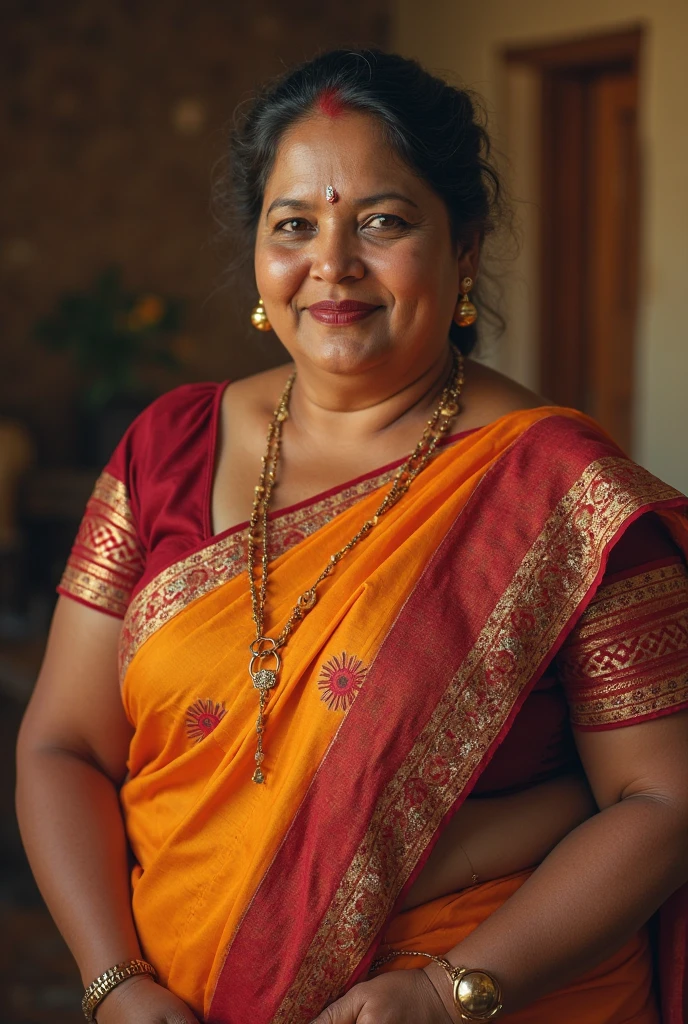 "A beautiful Bengali woman, middle-aged, with black hair, wearing a white blouse and a red sari, with skin as fair as milk, large breasts, attractive hips, and a slightly plump figure, standing milf proudly. In the background is a timeless rural Bengali scene."realistic pic more hot figure, and make him like milf Anty mor sexy, or lite slim his belly