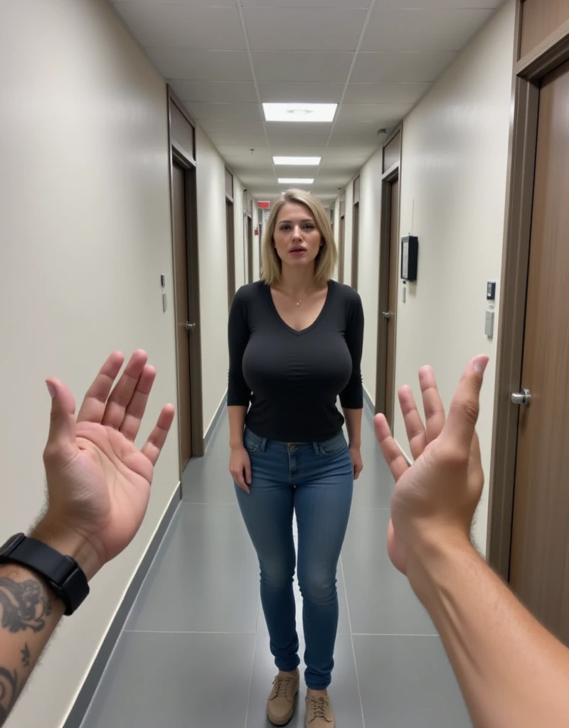 blonde woman with a dark-haired man The elevator ride was full of tension, our bodies close but not yet touching, the woman is wearing a tight black dress and the man a white shirt