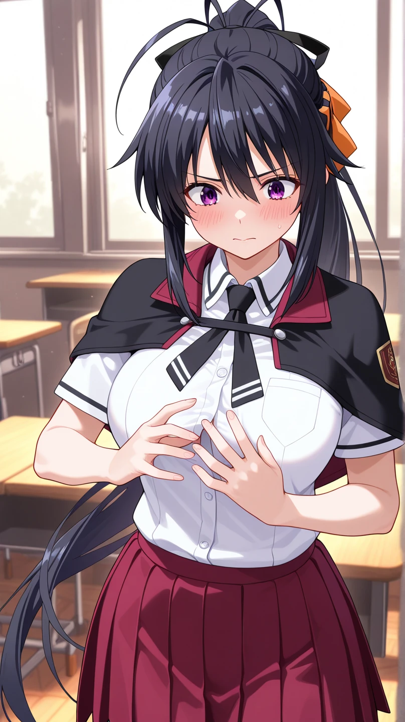 Horikita, red_eyes, black_hair, long_hair, big_breasts, lips, {looks_at_the_viewer}, standing, {front_view:1.1}, red school uniform, classroom, naked chest, naked nipples,