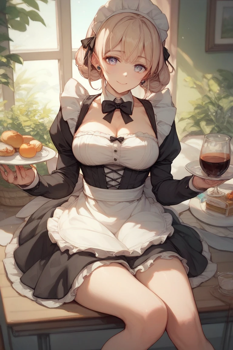(best quality, masterpiece), (ultra high resolution, 8K RAW photo, photo realistics:1.5, textile shading, thin outline, clear focus:1.2), Beautuful Matured woman preparing tea-time in the garden, standing by the round table, (tea set, tea pot, tea cups, some cakes on dish), classy art deco style table, wearing light_brown maid uniform, breast cleavage, maid costume:1.2, long flare skirts, apron, bow ties on thechest, long tall sally, long legs, long white hair, (wearing thin-flame glasses:1.2), (milf:1.5, 28 years old, solo), (large breast, sagging breast, big tits, narrow waist), (medium short white hair, hair over one eye, (updo hair:1.2), side lock, asymmetric hair, wavy hair), (bright pupils, detailed eyes, high detailed face, Perfect face shape, eye rush), (seductitve smiling, half-closing eyes), (looking at viewers:1.3), (dynamic angle, full body, from above:1.2), ((correct anatomy:1.5, correct hands)), (ideal ratio of body proportions), (outdoor:1.2, grass field),