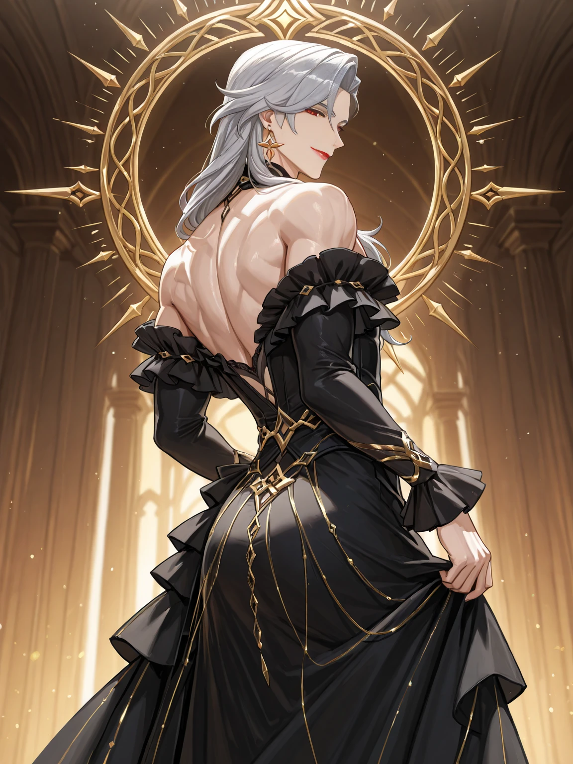 Irisviel, beautiful black with gold sheer dress sleeveless,solo,,arm at side, in beach,angle from behind,from behind neck,looking at viewer from behind,Irisviel beautiful back,smiling from behind,
