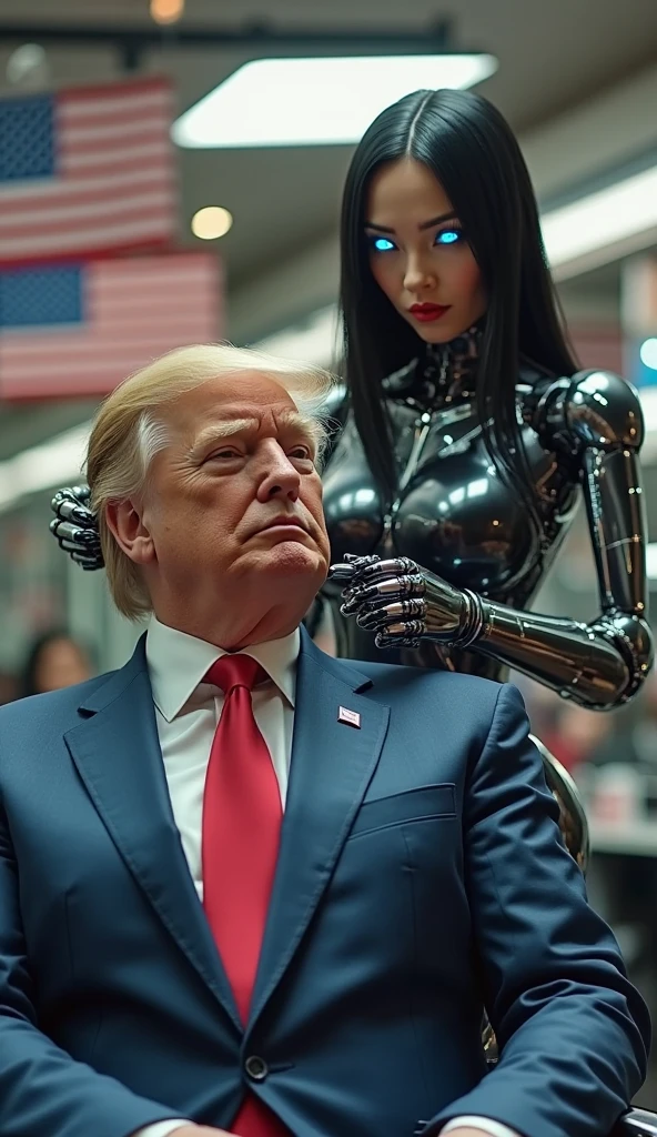 In an ultra-modern metropolis filled with gleaming skyscrapers and neon lights, a sharply dressed Donald Trump stands confidently next to his stunning girlfriend, an intricately designed cyborg. She possesses a sleek, metallic exterior that glints in the ambient urban glow, her synthetic skin smoothly blending with elegant curves, while her luminous blue eyes emit a subtle hum of energy. The bustling city buzzes around them, with the distant sounds of traffic and chatter filling the air, further emphasized by the vibrant colors of holographic advertisements flickering in the background. 

Trump, adorned in a tailored navy suit, exudes a powerful charisma, his signature hairstyle impeccably in place, while a sly smile hints at the many conversations he’s poised to engage in. The cyborg’s mechanical arm, adorned with precise, intricate designs, rests gently on his shoulder, symbolizing their unorthodox bond. As they stand together, a soft breeze sweeps through the street, carrying with it scents of street food from nearby vendors, mingling with the metallic aroma of advanced technology. Their contrasting appearances—the human warmth radiating from Trump and the ethereal, futuristic aura of his companion—create a striking visual dynamic that leaves onlookers captivated and curious about their unconventional partnership.