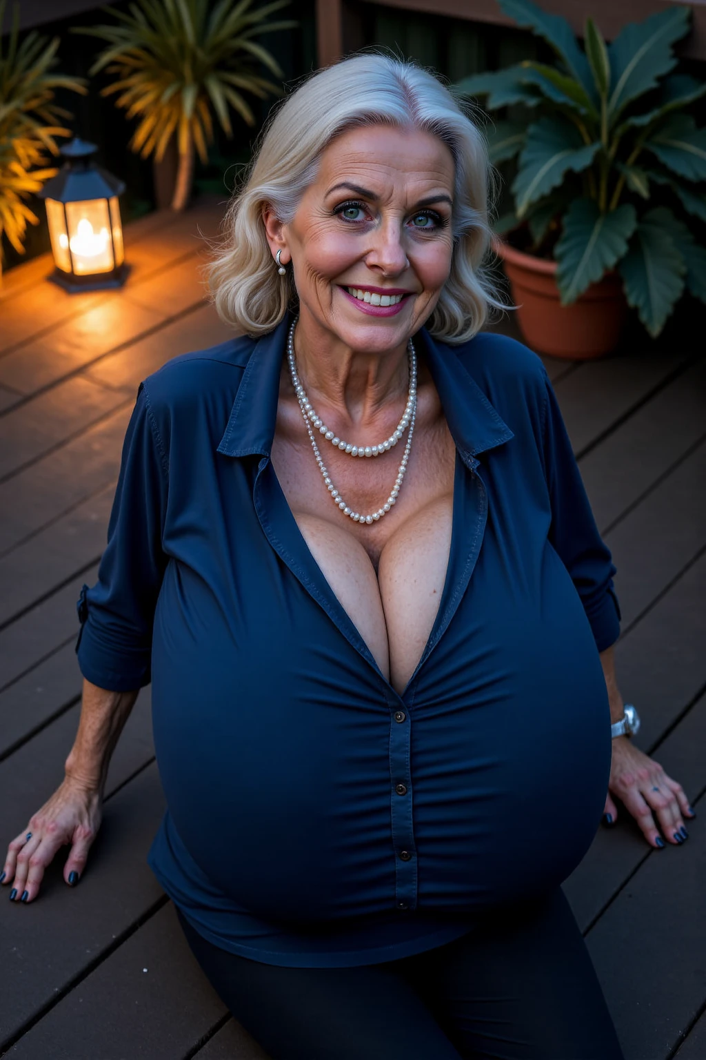 Grandmother 85 years old fat wrinkled with long hair in a short dress with a neckline erotica with glasses thick old skin sexy pose big breasts 