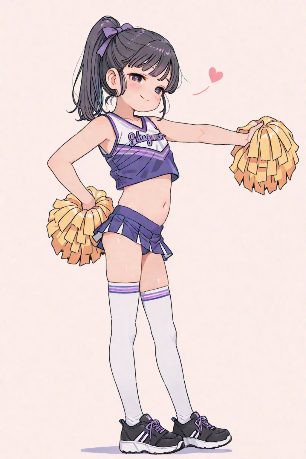 (,young girl ,short stature,gyaru)) ,flat chest,nsfw,,,big head、black hair,long hair,.cheerleader,stand,.shy, sexual ecstasy, blush,striped panty,leg up,arm up